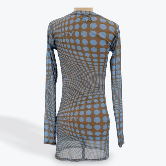 O MIGHTY Mesh Long Sleeve Mini Dress Blue Dot‎ Print See Through Clubwear - Picture 3 of 5